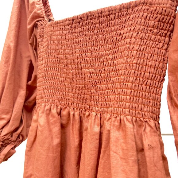 Kourt Portia Rust Smocked Mini Dress Puff Sleeve Square Neck Linen Blend Size S - Picture 5 of 11